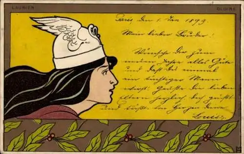 Jugendstil Litho Meunier, Allegorie, Laurier, Gloire, Frau mit Flügelhelm, Lorbeer