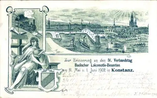 Wappen Litho Konstanz am Bodensee, Bahnhof, Reichspost, Eisenbahn