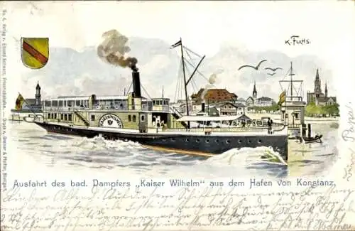 Künstler Litho Fuchs, Karl, Konstanz am Bodensee, Ausfahrt des Dampfers Kaiser Wilhelm aus dem Hafen