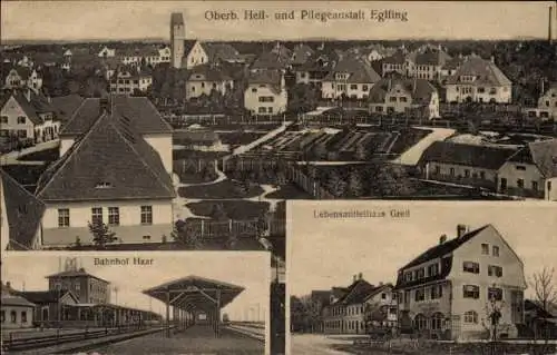 Ak Eglfing Oberbayern, Bahnhof Haar, Lebensmittelhaus Greil, Heil- und Pflegeanstalt