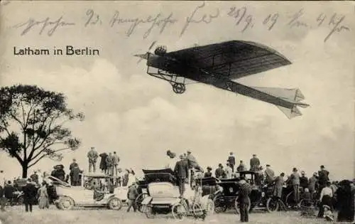 Ak Berlin Treptow Johannisthal, Hubert Latham, Flugwochen 1909, Monoplan