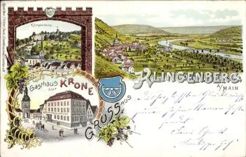 Litho Klingenberg am Main Unterfranken, Klingenburg, Gasthaus zur Krone, Wappen