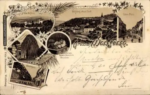 Litho Wolfsberg in Kärnten, Schloss, Unterer Platz, Klostergasse, Grabdenkmal Heyrowsky