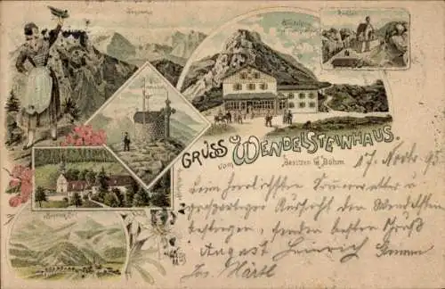 Litho Bayrischzell im Mangfallgebirge Oberbayern, Wendelsteinhaus, Edelweiß, Frau in Tracht