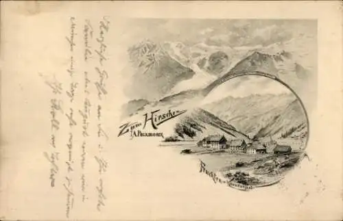 Künstler Litho Prutz Tirol Österreich, Gesamtansicht, Berge, Gasthaus zum Hirschen, Kaunertal