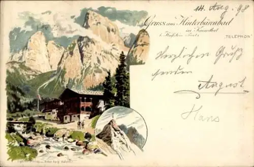 Litho Hinterbärenbad in Tirol, Gasthaus, Berge, Kreuz an der Bergspitze
