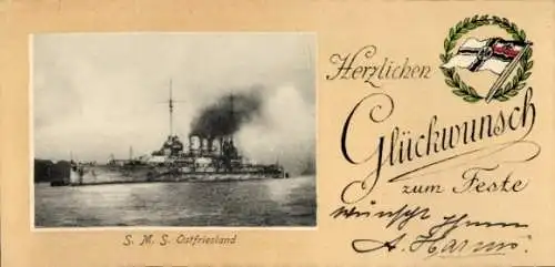 Ak Deutsches Kriegsschiff S.M.S. Ostfriesland, Fest, Fahne, Lorbeer