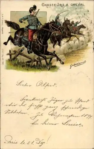 Künstler Litho Französische Soldaten zu Pferde, Kavallerie