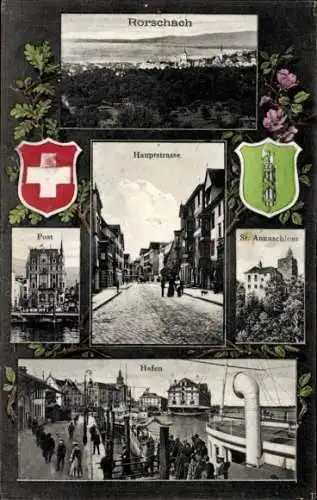 Wappen Ak Rorschach Kt. St. Gallen Schweiz, Hauptstraße, Post, Sankt-Annaschloss, hafen