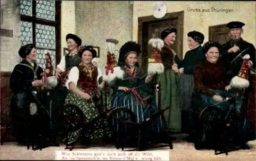 Ak Gruß aus Thüringen, Frauen an Spinnrädern, Traditionelle Trachten