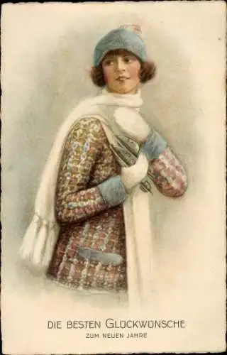 Ak Glückwunsch Neujahr, Frau in Winterkleidung mit Schlittschuhen in der Hand