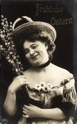 Ak Glückwunsch Ostern, Frau mit Strohhut und Weidenkätzchen