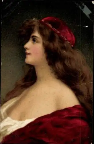 Künstler Ak Portrait einer brünetten Frau mit roter Mütze