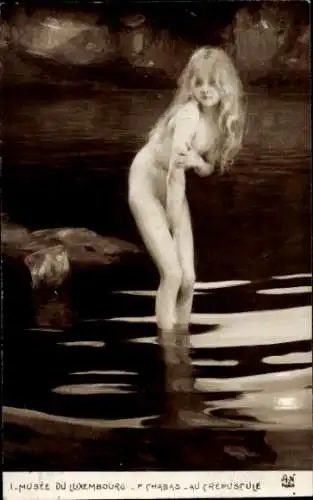 Künstler Ak Chabas, Im Zwielicht, Blonde junge Frau im Wasser badend