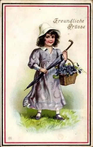 Ak Freundliche Grüße, Mädchen mit Veilchen im Korb, Regenschirm