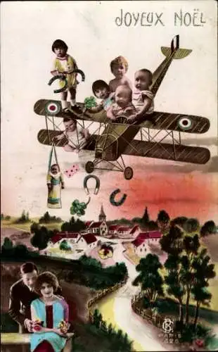 Ak Glückwunsch Weihnachten, Französisches Militärflugzeug, Fotomontage, Babys