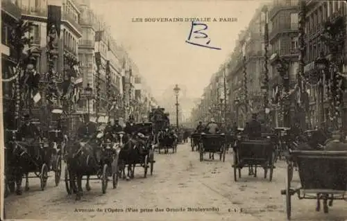 Ak Paris II Bourse, Avenue de l'Opera, Autos, Kutschen