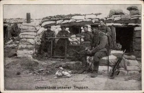 Ak Unterstände unserer Truppen, Schützengraben, Soldaten, Sandsäcke
