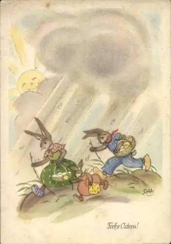 Künstler Ak Glückwunsch Ostern, Osterhasen, Regenwolke, Sonne