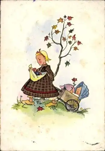 Künstler Ak Flechsig, Mädchen, Kinderwagen, Puppe