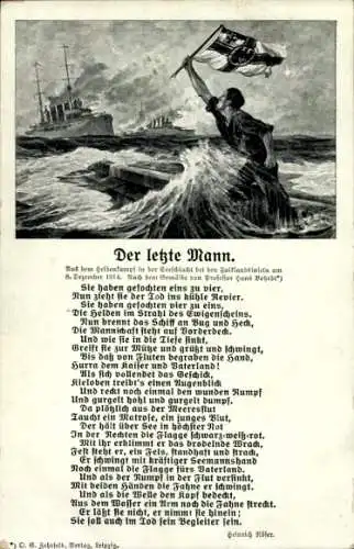 Gedicht Ak Der letzte Mann, Heinrich Röser, Heldenkampf, Falklandinseln 1914