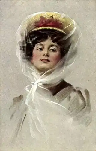 Ak Portrait einer Frau mit Hut, Schleier