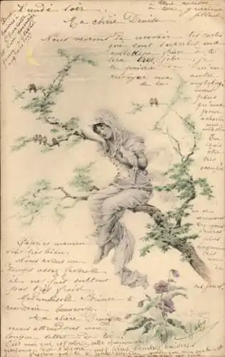 Litho Am Baum schlafende Frau, Vögel, Blumen