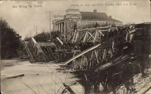 Ak Jelgava Mitau Lettland, Zerstörte Brücke, Drixe