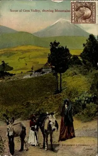 Ak Mexiko, Scene of Gem Valley, Bäuerin mit Eseln, Berge