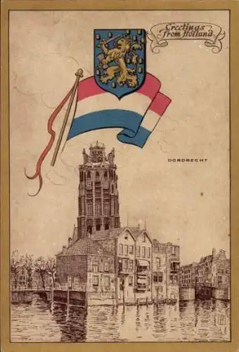 Wappen Ak Dordrecht Südholland Niederlande, Turm, Uhr