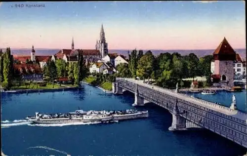 Ak Konstanz am Bodensee, Brücke, Schiff, Kirche, Teilansicht