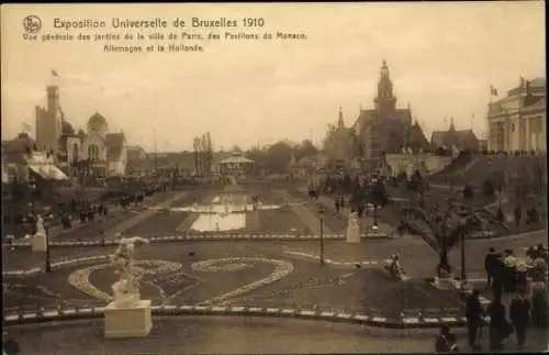Ak Bruxelles Brüssel, Ausstellung 1910, Blick auf die Gärten, Pavillon von Monaco, Deutschland