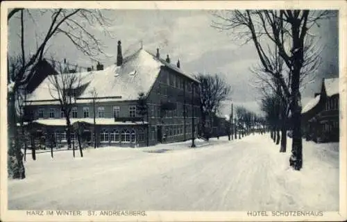 Ak Sankt Andreasberg Braunlage im Oberharz, Hotel Schützenhaus, Winteransicht