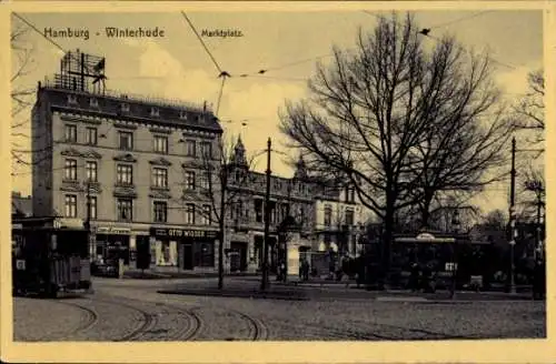 Ak Hamburg Nord Winterhude, Marktplatz, Litfaßsäule, Straßenbahn