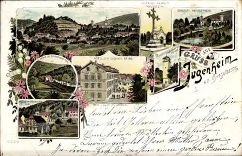 Litho Seeheim Jugenheim an der Bergstraße, Schloss Heiligenberg, Hotel Zur Goldenen Krone, Mühlen