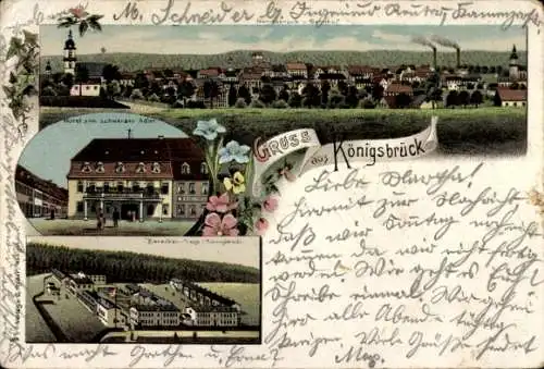 Litho Königsbrück in der Oberlausitz, Hotel zum schwarzen Adler, Barackenlager, Totalansicht