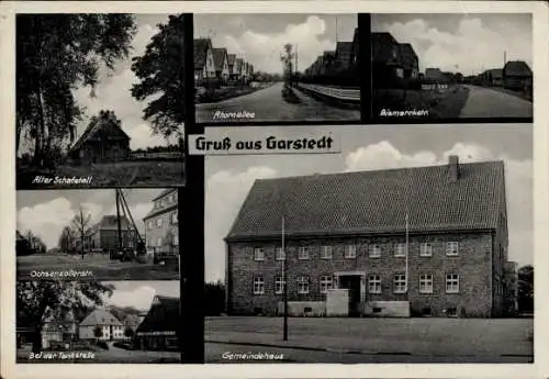 Ak Garstedt Lüneburger Heide Niedersachsen, Gemeindehaus, Ahornallee, Tankstelle