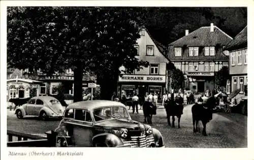 Ak Altenau im Harz, Marktplatz, Rinder, Herman Borns, Hoocks Hotel