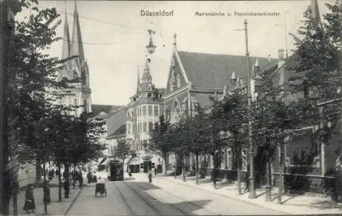 Ak Düsseldorf am Rhein, Marienkirche, Franziskanerkloster, Straßenbahn