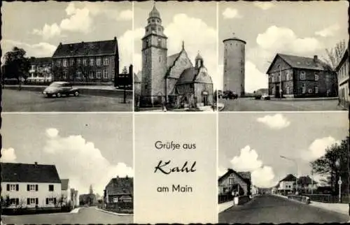 Ak Kahl am Main Unterfranken, Teilansichten, Kirche, Turm, Straßenpartie
