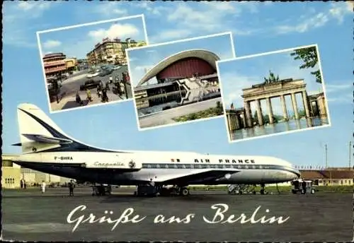 Ak Berlin Reinickendorf Tegel, Flughafen, Brandenburger Tor, Air France, Caravelle, F-BHRA, TXL