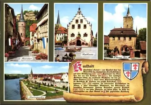 Ak Karlstadt am Main Unterfranken, Maintor, Rathaus, Oberes Tor, Mainpartie