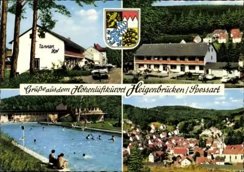Ak Heigenbrücken im Spessart Unterfranken, Tannenhof, Schwimmbad, Gesamtansicht, Wappen