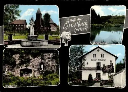 Ak Geiselbach in Unterfranken, Kirche, Wald-Weiher, Waldgrotte, Pension Hubertus