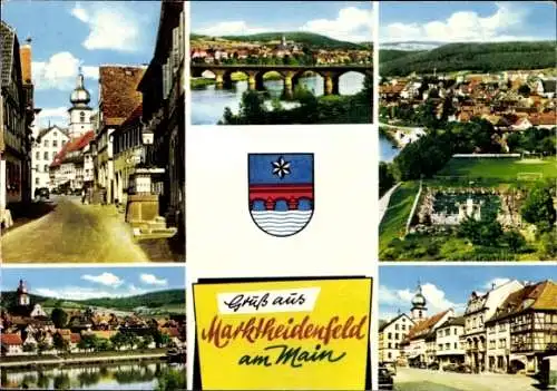 Ak Marktheidenfeld im Spessart Unterfranken, Wappen, Gesamtansicht, Brücke, Straßenpartie