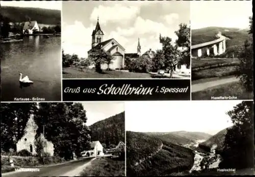 Ak Schollbrunn im Spessart Unterfranken, Haseltalbrücke, Haslochtal, Markuskapelle, Kartause-Grünau