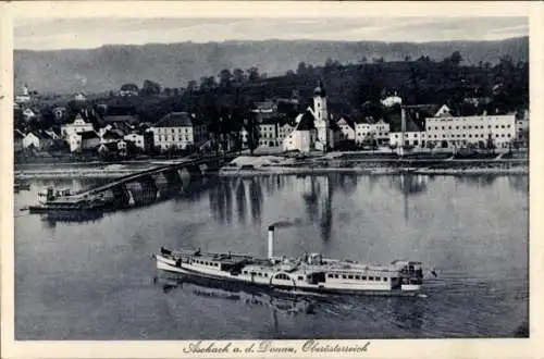 Ak Aschach an der Donau Oberösterreich, Blick auf den Ort, Anlegestelle, Salondampfer