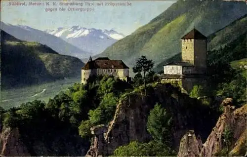 Ak Dorf Tirol Tirolo Südtirol, Castello Tirolo, Schloss Tirol, Stammburg, Erdpyramide, Ortlergruppe