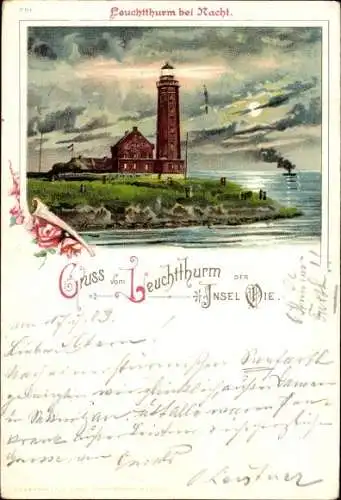 Litho Insel Oie, Greifswalder Oie, Leuchtturm bei Nacht