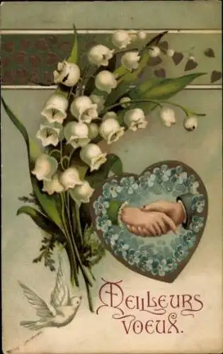 Präge Ak Maiglöckchen, Händedruck, Taube, Vergissmeinnicht, Kitsch